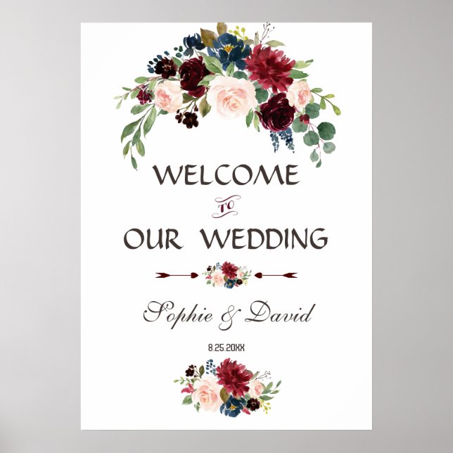 Elegant Merlot Navy Blue Blommigt Bröllop Sign Poster (Framsidan)
