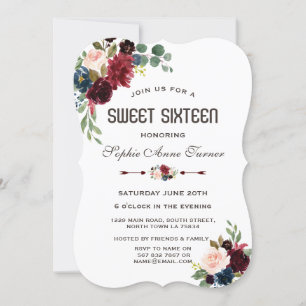Elegant Merlot Navy Blue Blommigt Sweet 16 Inbjudningar