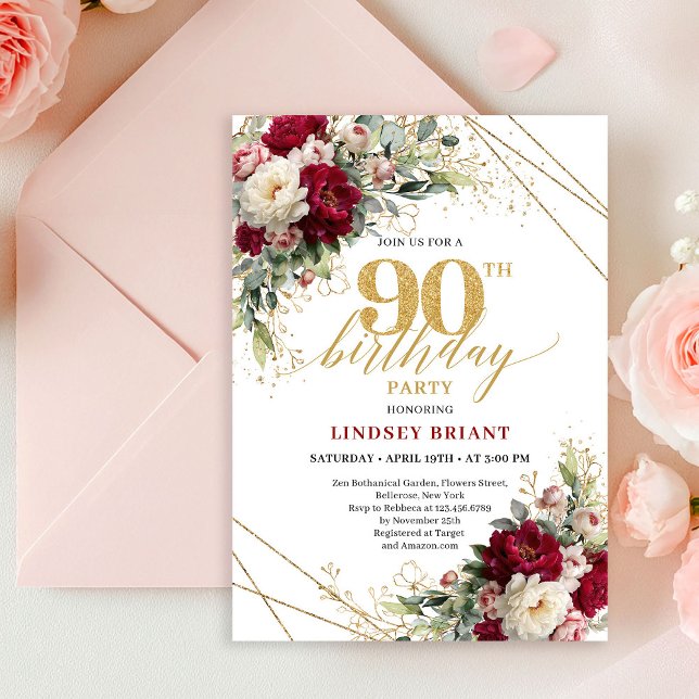 Elegant Merlot Rose Gold 90th Birthday Invite Inbjudningar (Elegant Merlot Rose Gold 90th Birthday Invite)
