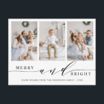 Elegant Merry & Bright 3 Photo Helgdag Postcard Vykort<br><div class="desc">Enkel helgdag och elegant för fotovykort. Om du vill ha en mer avancerad anpassning av den här designen klickar du på länken Anpassa ytterligare för att ändra teckensnitt,  storlekt,  färg osv.</div>