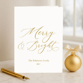 Elegant Merry & Bright Gold Script Christmas Helgkort