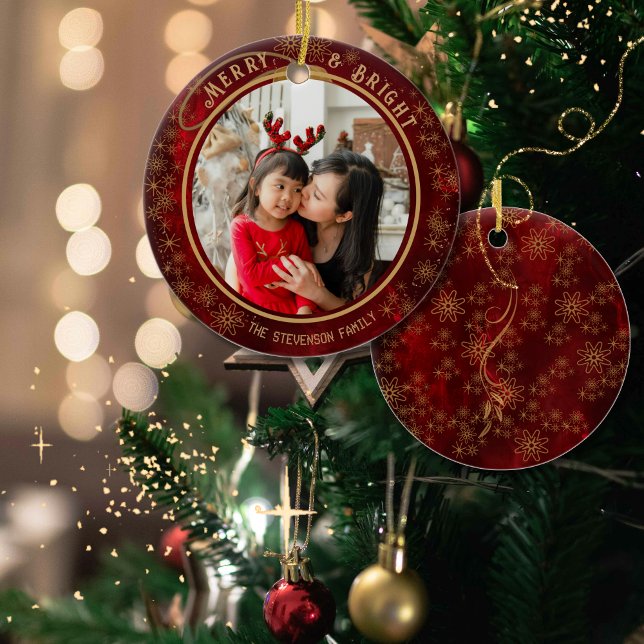 Elegant Merry & Bright Photo Red Guld Julgransprydnad Keramik (Elegant Merry & Bright Photo Red Gold Ceramic Ornament)