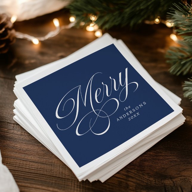 Elegant Merry Calligraphy Script Navy-jul Pappersservett (Skapare uppladdad)