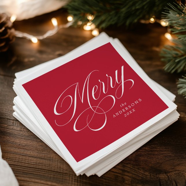 Elegant Merry Calligraphy Script Red Jul Pappersservett (Skapare uppladdad)