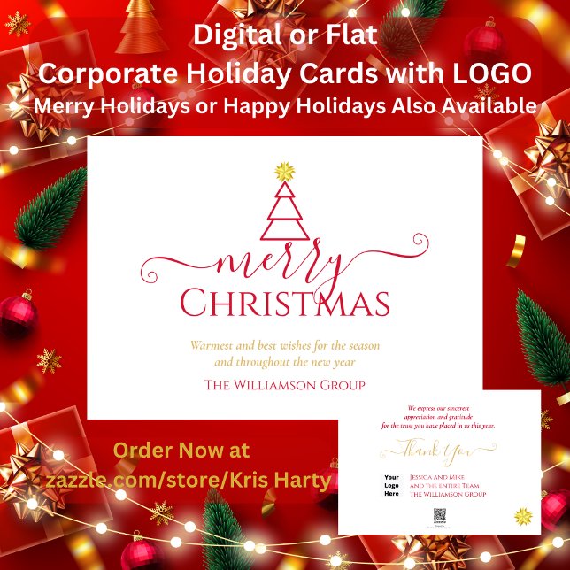 Elegant Merry Christm Träd Corporate Business Logo Julkort (Send holiday greetings to clients & associates with simple Merry Holidays red gold tree. Digital too)