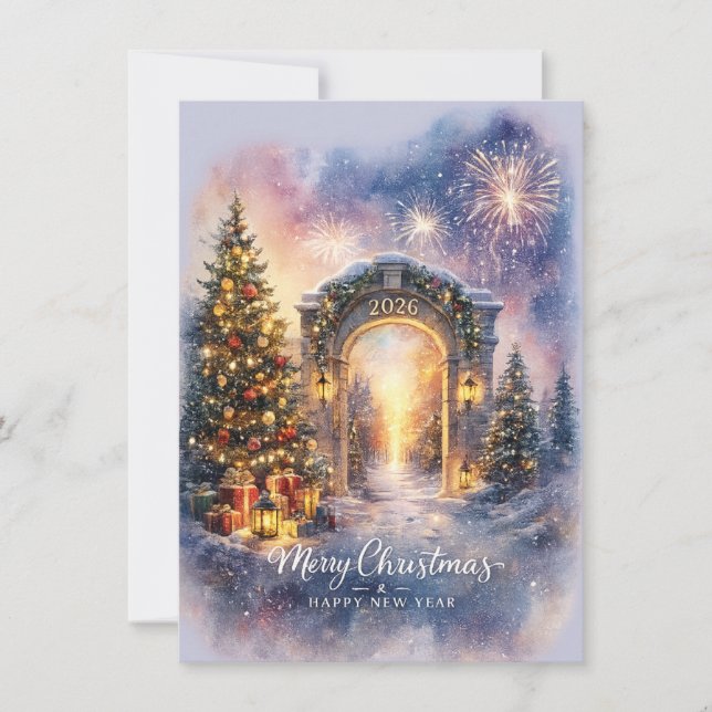 Elegant Merry Christmas 2026 Winter Gateway Scene Julkort (Framsida)