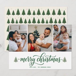 Elegant Merry Christmas Family 3 Photos Flat Card Julkort