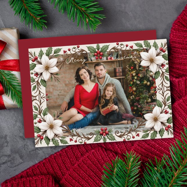 Elegant Merry Christmas Floral Frame Custom Photo Julkort (Elegant Merry Christmas Floral Frame Custom Photo Holiday Card
)