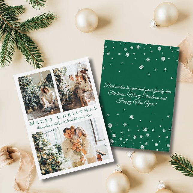 elegant merry christmas green 3 photos collage  anteckningskort (Skapare uppladdad)