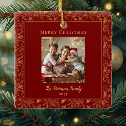 Elegant Merry Christmas Red Faux Gold Photo Julgransprydnad Keramik