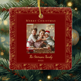 Elegant Merry Christmas Red Faux Gold Photo Julgransprydnad Keramik