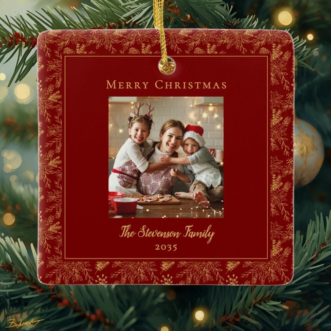 Elegant Merry Christmas Red Faux Gold Photo Julgransprydnad Keramik (Skapare uppladdad)