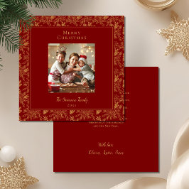 Elegant Merry Christmas Red Faux Gold Photo Julkort