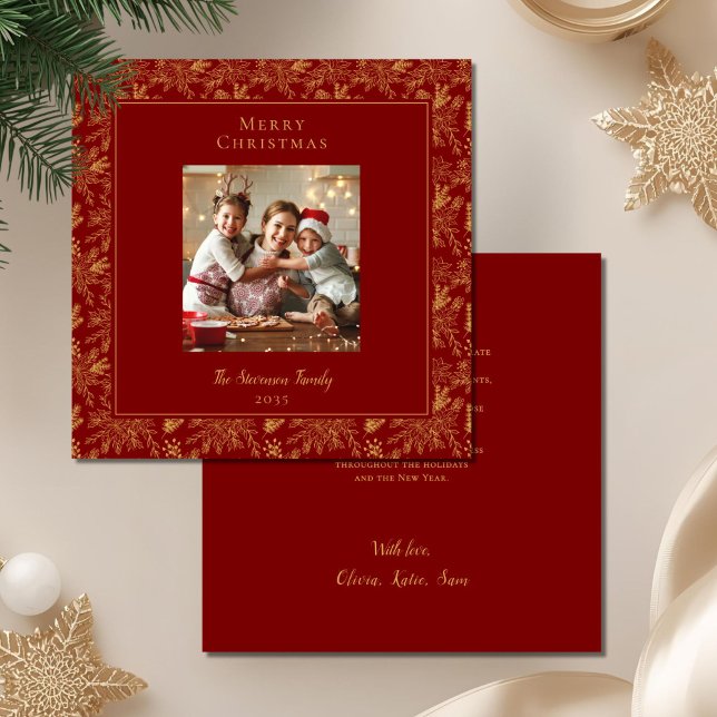 Elegant Merry Christmas Red Faux Gold Photo Julkort (Skapare uppladdad)