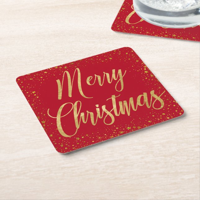 Elegant Merry Christmas Red & Gold Script Stars Underlägg Papper Kvadrat (Vinklad)