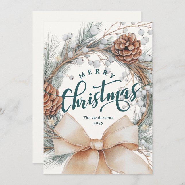 Elegant Merry Christmas Script Botanical Wreath  Julkort (Fram/baksida)