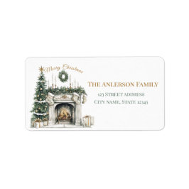 Elegant Merry Christmas Sticker with Fireplace Adressetikett