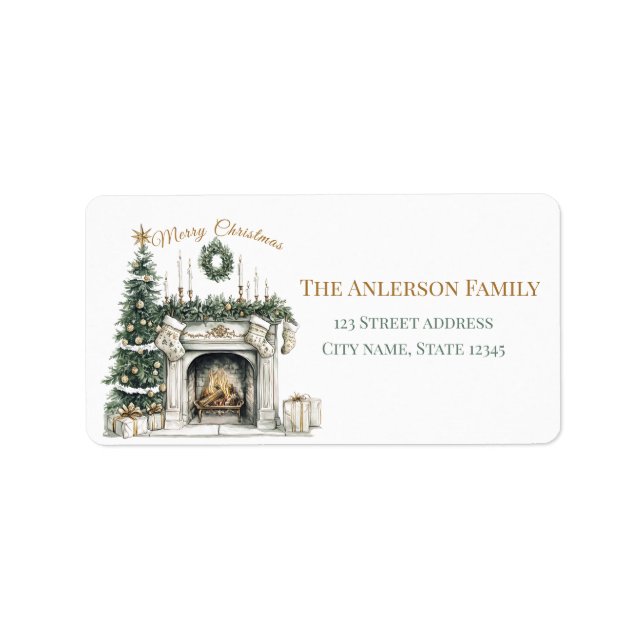 Elegant Merry Christmas Sticker with Fireplace Adressetikett (Framsidan)