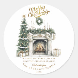 Elegant Merry Christmas Sticker with Fireplace and Runt Klistermärke