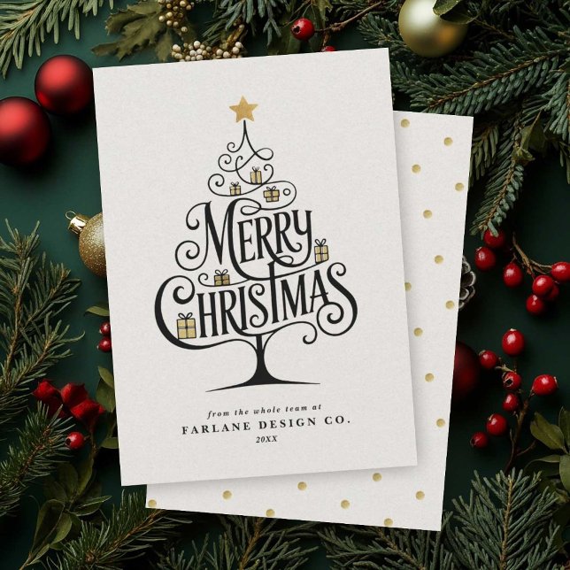 Elegant “Merry Christmas” Typography Tree Business Julkort (Business holiday mail with a swirling “Merry Christmas” script tree)