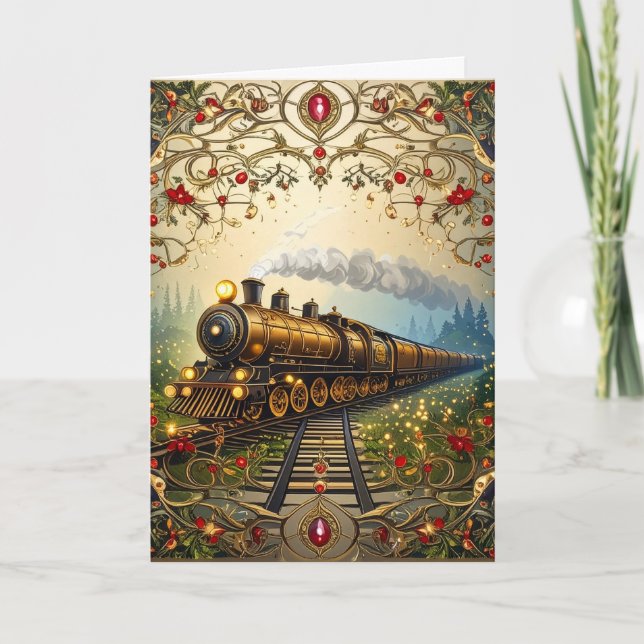 Elegant Merry Christmas Victorian Nostalgic Train Helgkort (Framsida)
