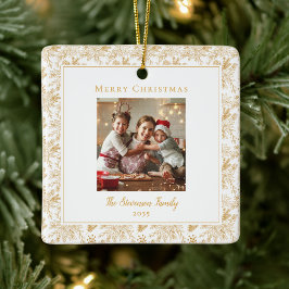Elegant Merry Christmas White Faux Gold Photo Julgransprydnad Keramik