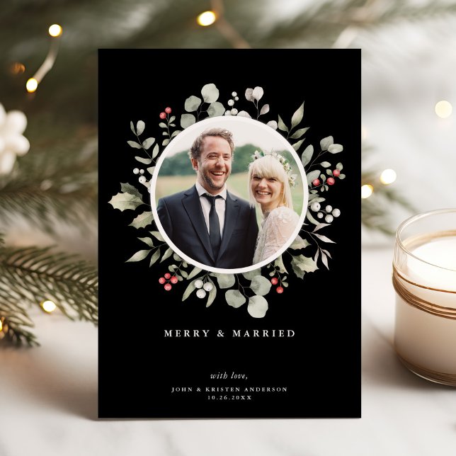 Elegant Merry & Married Botanical Black One Photo Julkort (Skapare uppladdad)