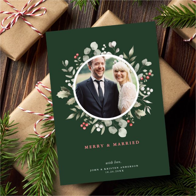 Elegant Merry & Married Greenery Krans Foto Julkort (Skapare uppladdad)