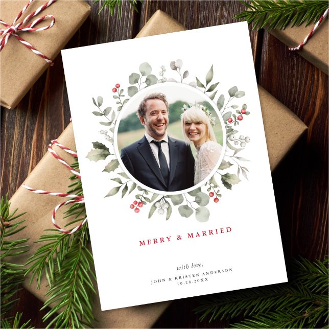 Elegant Merry & Married Greenery Wandeand Photo Julkort (Skapare uppladdad)