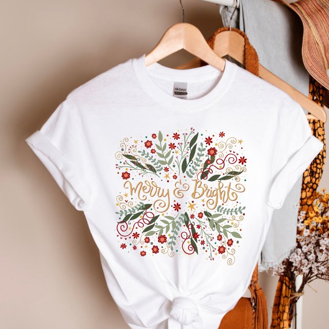 Elegant Merry och Bright Blommigt jul-Helgdag T Shirt (Pretty Merry and Bright Inspirivity Christmas Tshirt)