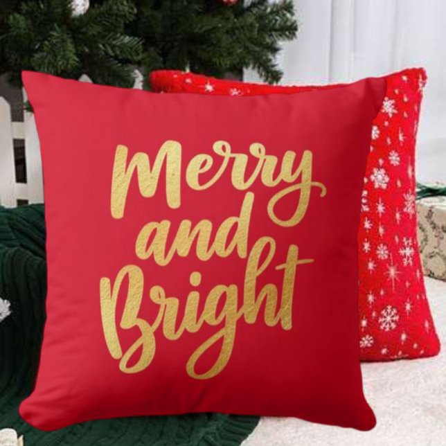 Elegant Merry och Bright - Guld Script Helgdag Kudde (Merry and Bright pillow)