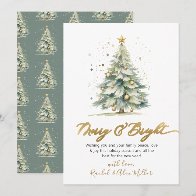 Elegant Merry och Bright Script Träd non Photo Julkort (Fram/baksida)
