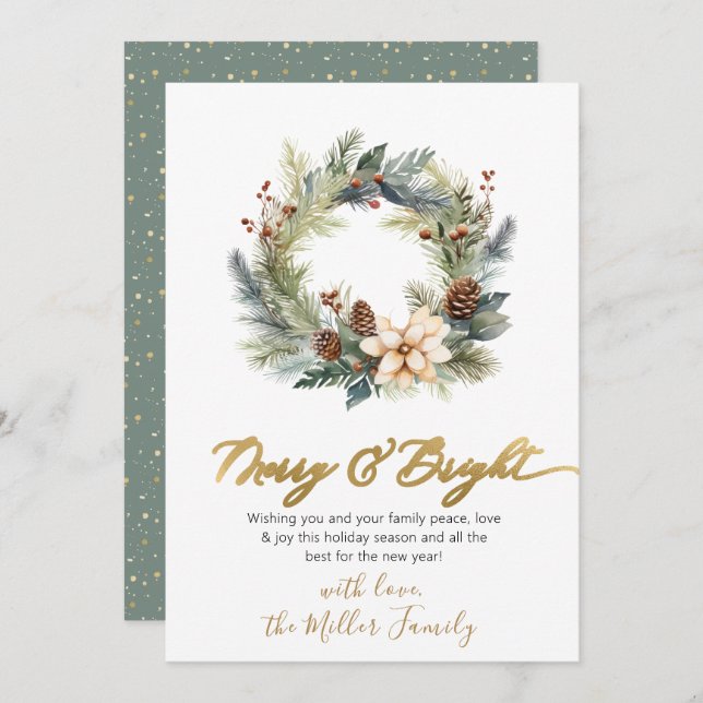Elegant Merry och Bright Script WandeGreenery Julkort (Fram/baksida)