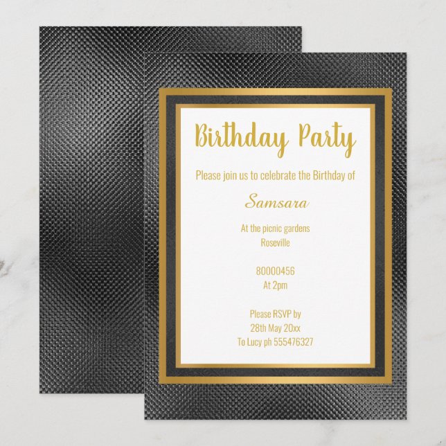 ELEGANT METALLIC BLACK & GULD EMBOSSED BIRTHDAY INBJUDNINGAR (Fram/baksida)