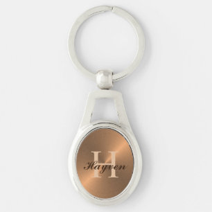 Elegant Metallic Bronze Masculine Monogram Namn Ovalt Silverfärgad Nyckelring