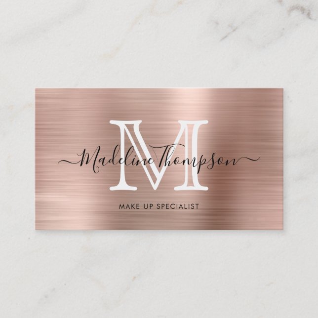 Elegant Metallic Brushed Ro Guld Monogram Visitkort (Framsida)