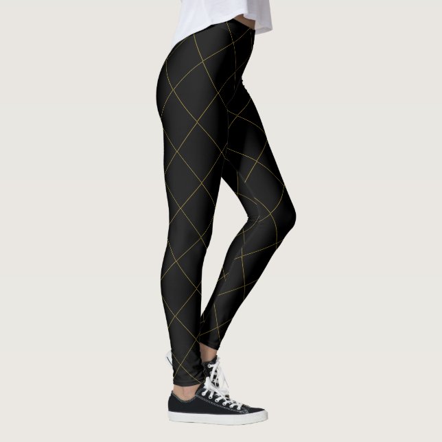 Elegant Metallic Gold Box Stripe Black Leggings (Höger)