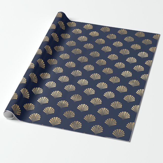 Elegant Metallic Guld and Blue under Sea Snäcka Presentpapper (Utrullad)