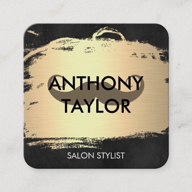 Elegant Metallic Guld Brushed med Mustache Fyrkantigt Visitkort (Framsida)