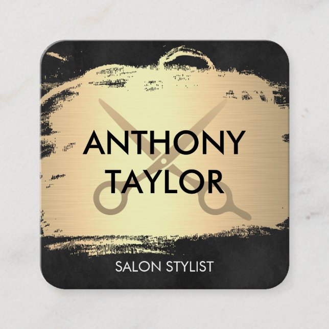 Elegant Metallic Guld och Lush Black Stylist Fyrkantigt Visitkort (Framsida)