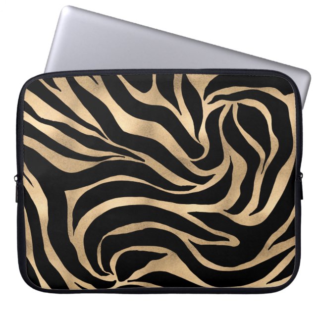 Elegant Metallic Guld Zebra Black Animal Print Laptop Fodral (Framsidan)