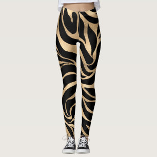 Elegant Metallic Guld Zebra Black Animal Print Leggings