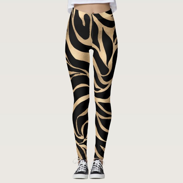 Elegant Metallic Guld Zebra Black Animal Print Leggings (Framsida)