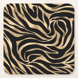 Elegant Metallic Guld Zebra Black Animal Print Underlägg Papper Kvadrat