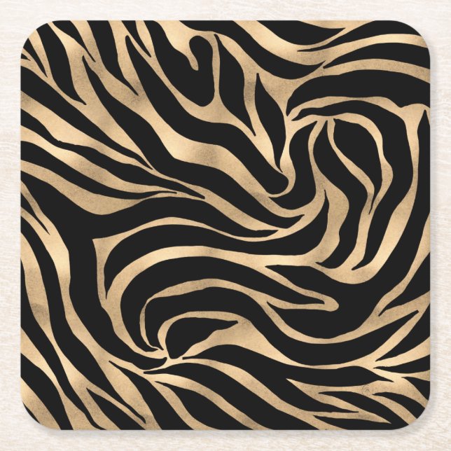 Elegant Metallic Guld Zebra Black Animal Print Underlägg Papper Kvadrat (Framsidan)