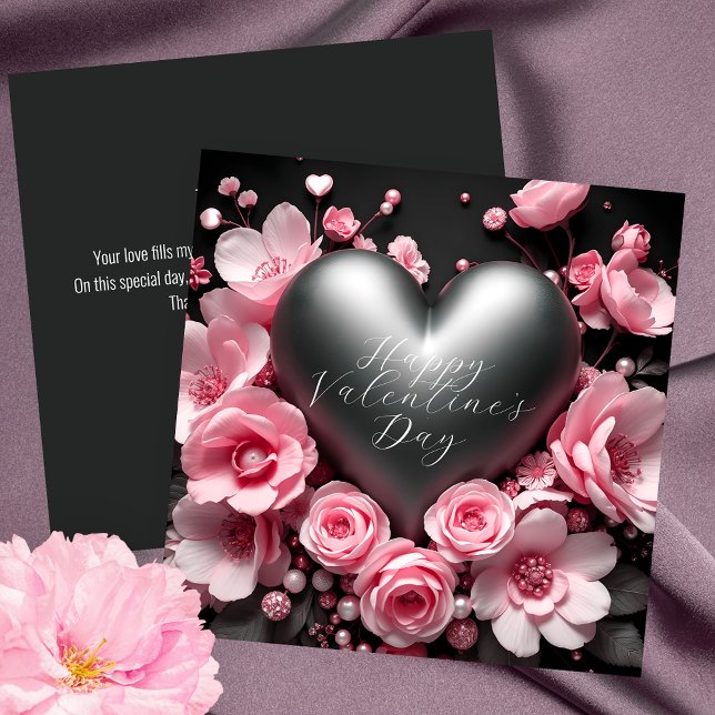 Elegant Metallic Heart & Rosa Flowers Valentines Kort (Skapare uppladdad)