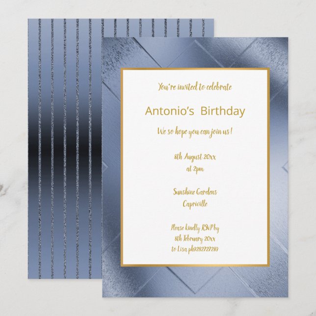 ELEGANT METALLIC NAVY GULD BIRTHDAY INBJUDANDE INBJUDNINGAR (Fram/baksida)