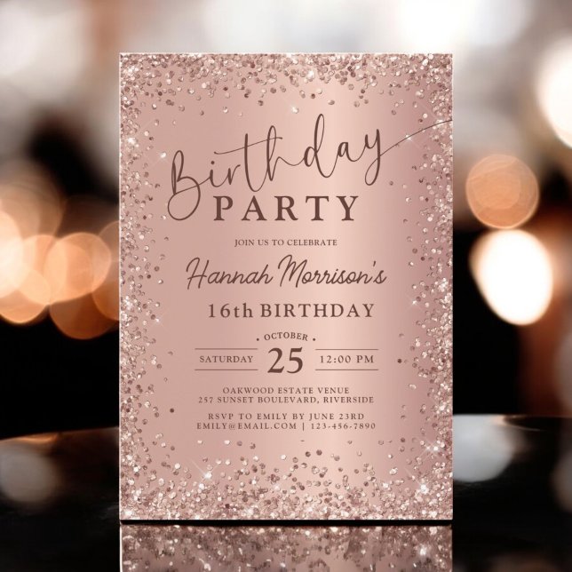Elegant Metallic Ro Guld Glitter 16:e födelsedag Inbjudningar (Skapare uppladdad)