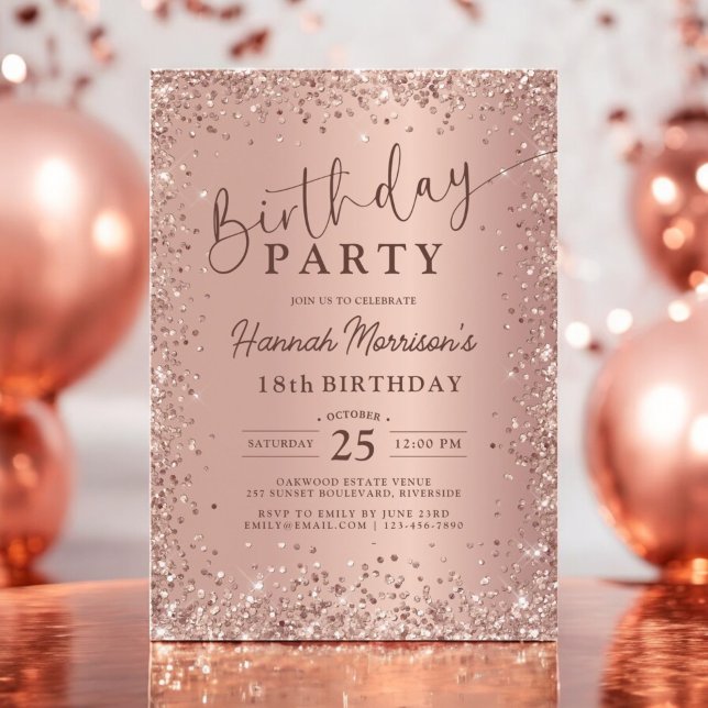 Elegant Metallic Ro Guld Glitter 18:e födelsedagen Inbjudningar (Skapare uppladdad)