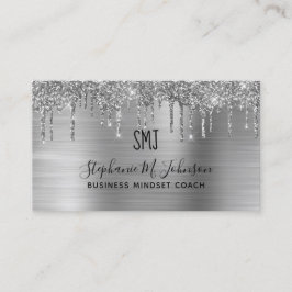 Elegant Metallic Silver Glitter Drip Monogram Logo Visitkort